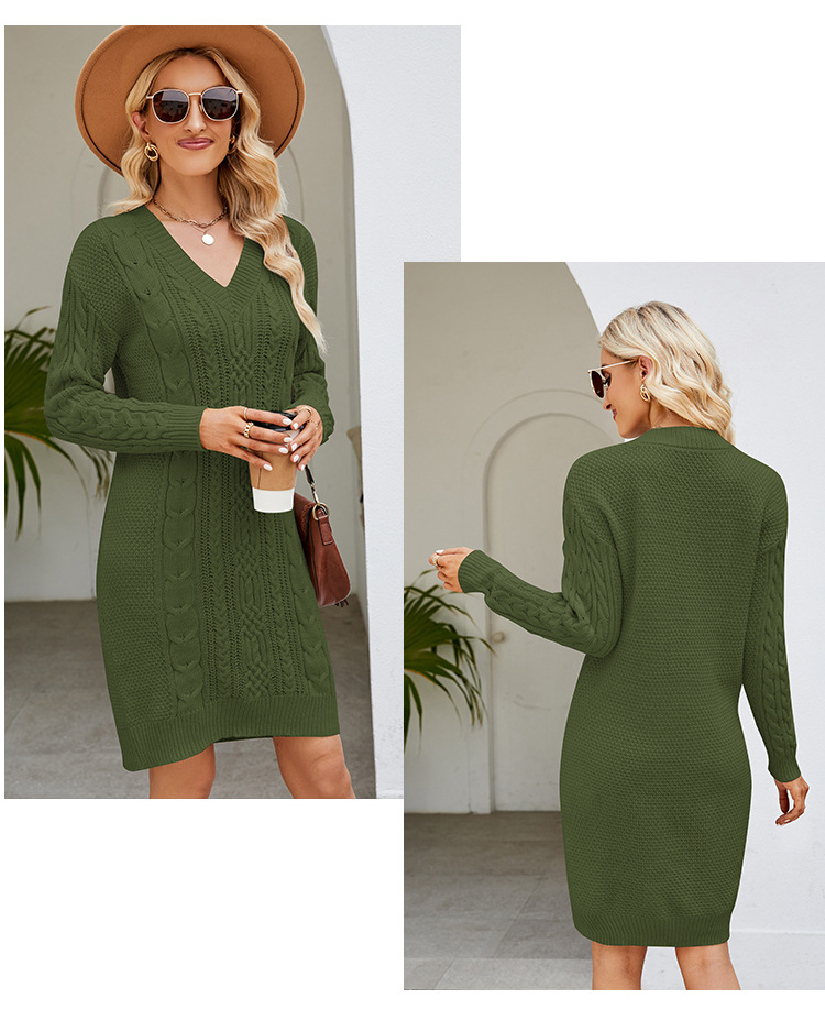 Womens Cable Knit Sweater Dress V-Neck Long Sleeve Winter Dress